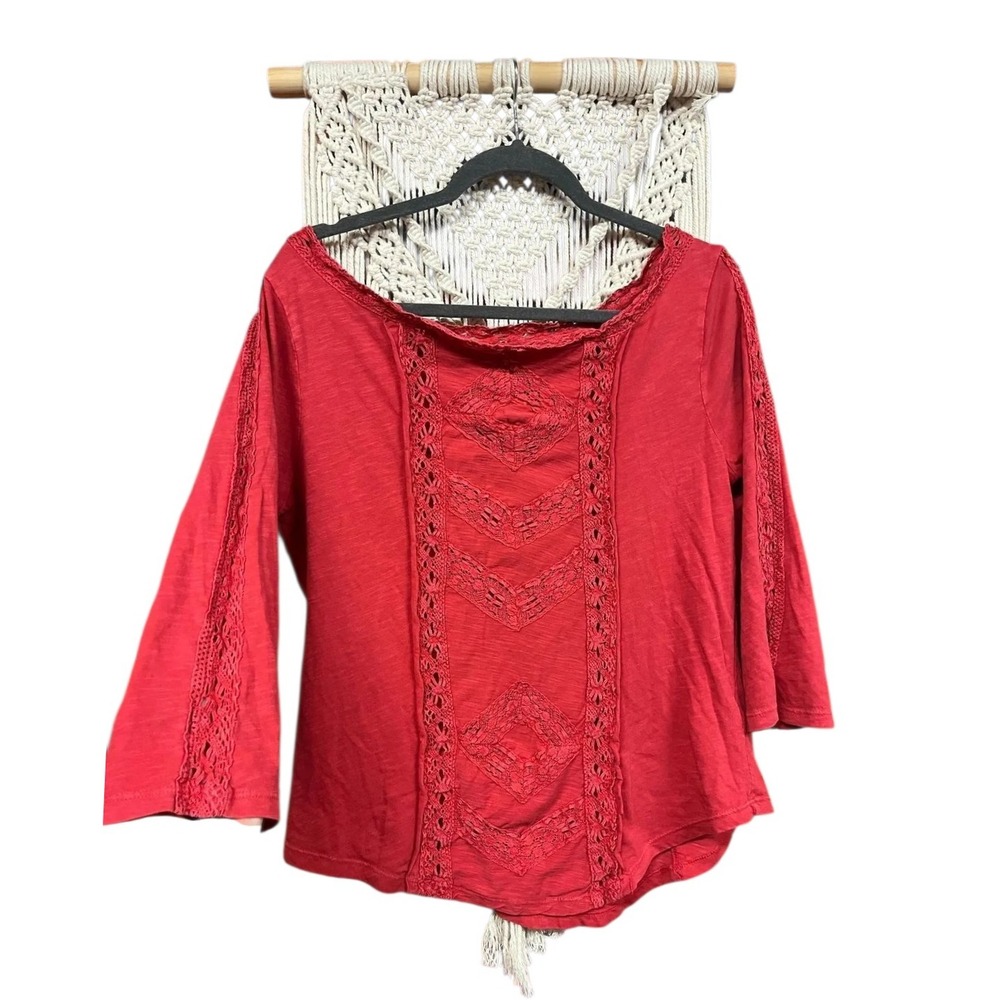 Free People Lace Trimmed Cotton Blend Boho Peasant Blouse Top Orange Red L - Picture 2 of 3